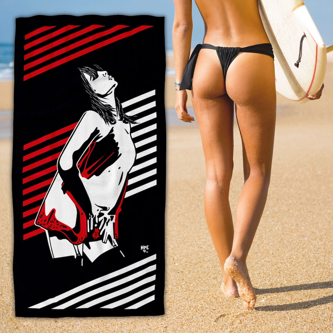 Surfer Girl with an Erotic Pop Art Beach Towel | I TOUCH MYSELF Design by Anita Nevar &amp; Ravenged.