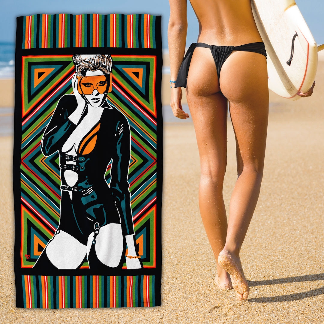 Surfer Girl with an Erotic Pop Art Beach Towel | MELUXINE Design by Anita Nevar & Ravenged.