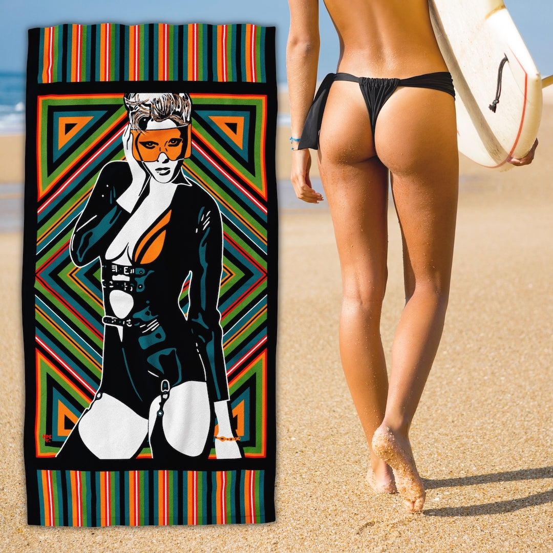 Surfer Girl with an Erotic Pop Art Beach Towel | MELUXINE Design by Anita Nevar & Ravenged.