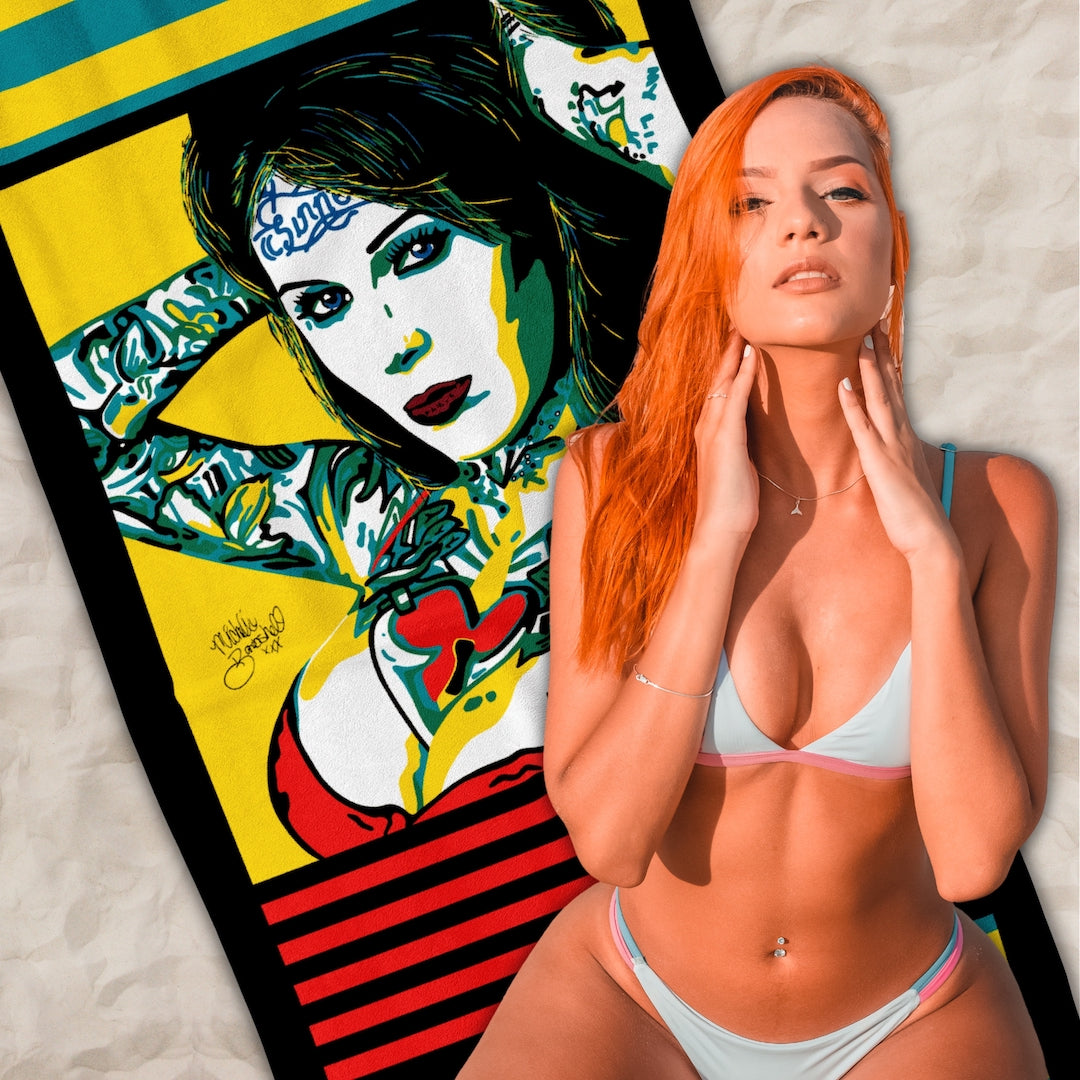Woman in Bikini with an Erotic Pop Art Beach Towel | BOMBSHELL Design by Anita Nevar &amp; Ravenged.