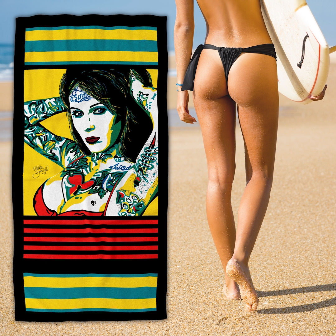 Surfer Girl with an Erotic Pop Art Beach Towel | BOMBSHELL Design by Anita Nevar &amp; Ravenged.