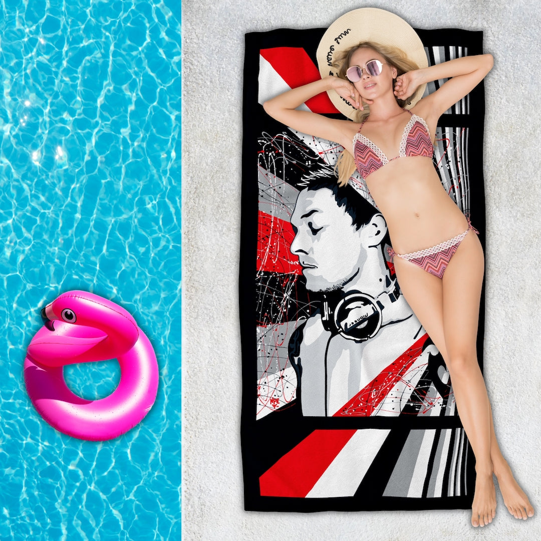 Woman lying poolside on an Erotic Pop Art Beach Towel | DEEJAY LK Design by Anita Nevar &amp; Ravenged.