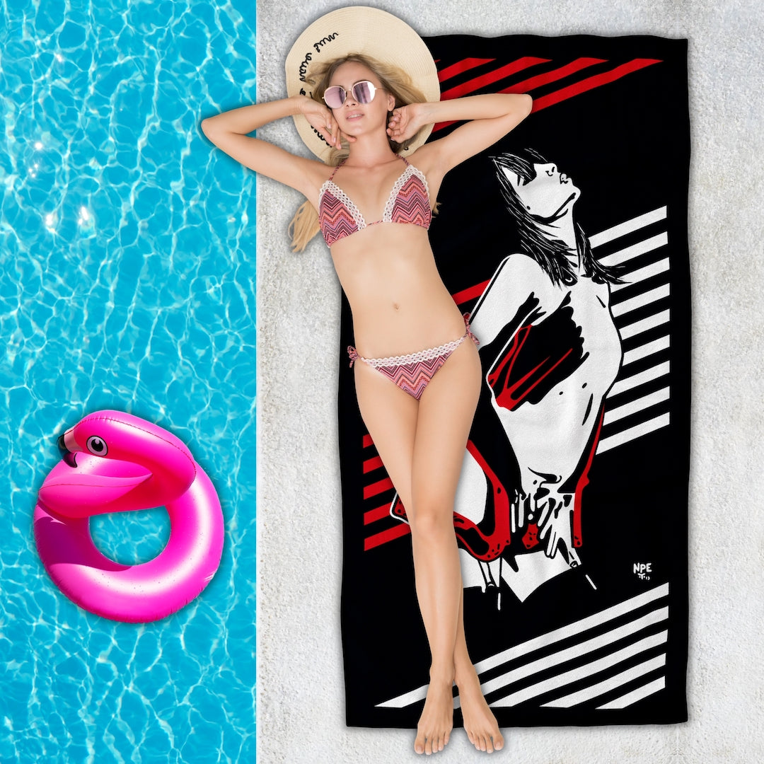 Woman lying poolside on an Erotic Pop Art Beach Towel | I TOUCH MYSELF Design by Anita Nevar &amp; Ravenged.