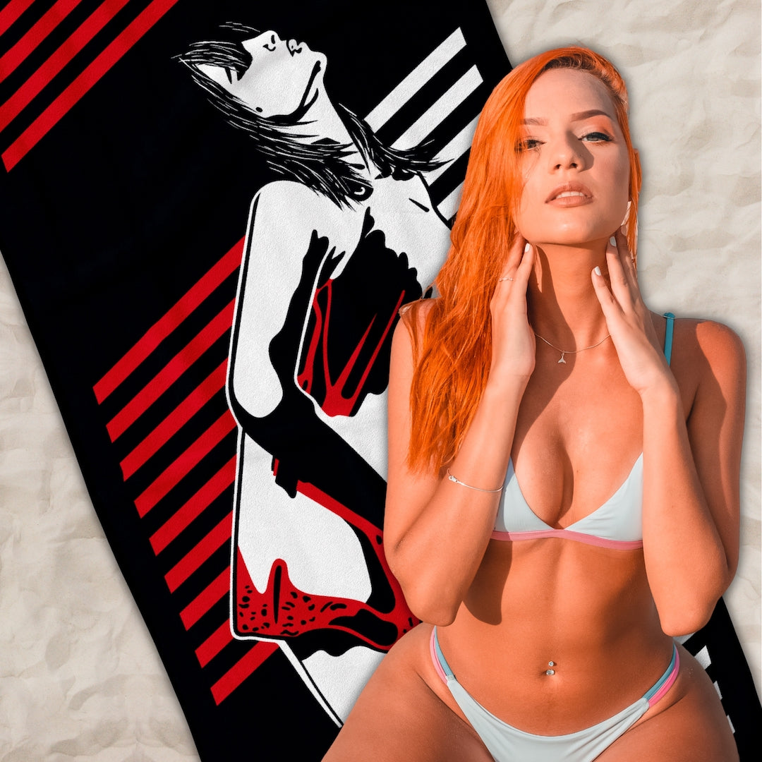 Woman in Bikini with an Erotic Pop Art Beach Towel | I TOUCH MYSELF Design by Anita Nevar &amp; Ravenged.