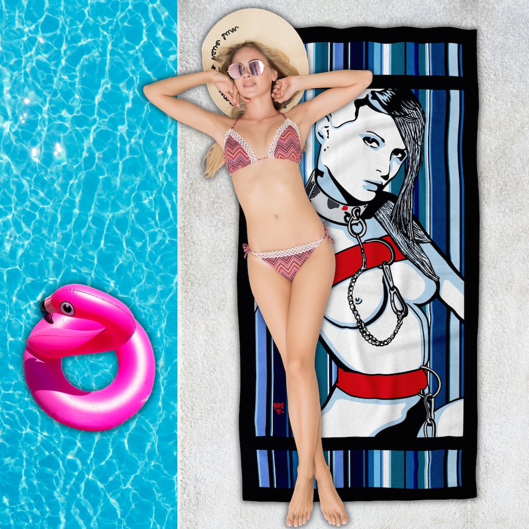 Woman lying poolside on an Erotic Pop Art Beach Towel | LOLITA Design by Anita Nevar &amp; Ravenged.