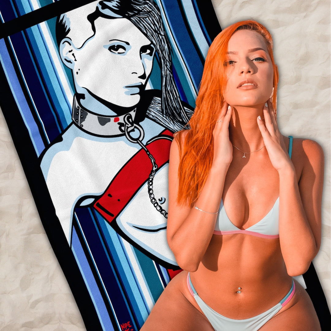 Erotic Pop Art Beach Towel of a Naked Woman in Chains | LOLITA Design by Anita Nevar + Ravenged.