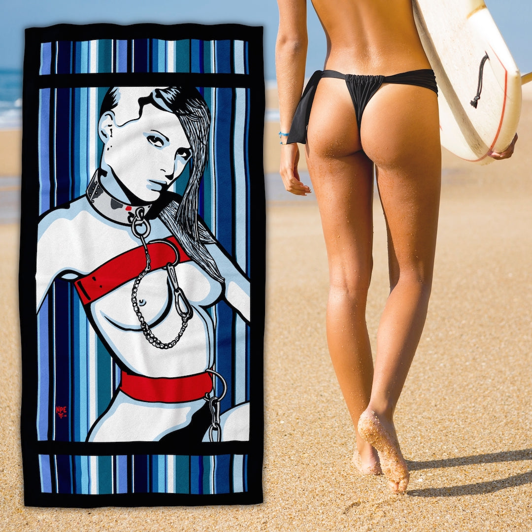 Surfer Girl with an Erotic Pop Art Beach Towel | LOLITA Design by Anita Nevar &amp; Ravenged.